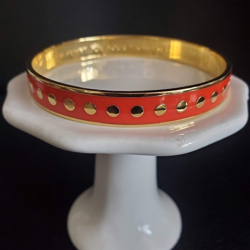 Kate Spade Penny For Your Thoughts Orange Enamel Gold Polka Dot Bangle Bracelet - Picture 7 of 8